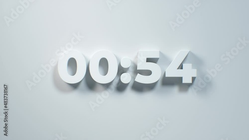 60 Seconds countdown. Minimal 3D White numbers on a white wall. 1 minute countdown. 30 or 10 seconds. Simple digital countdown clock timer in one minute or 60 seconds to zero second. For intros, quiz