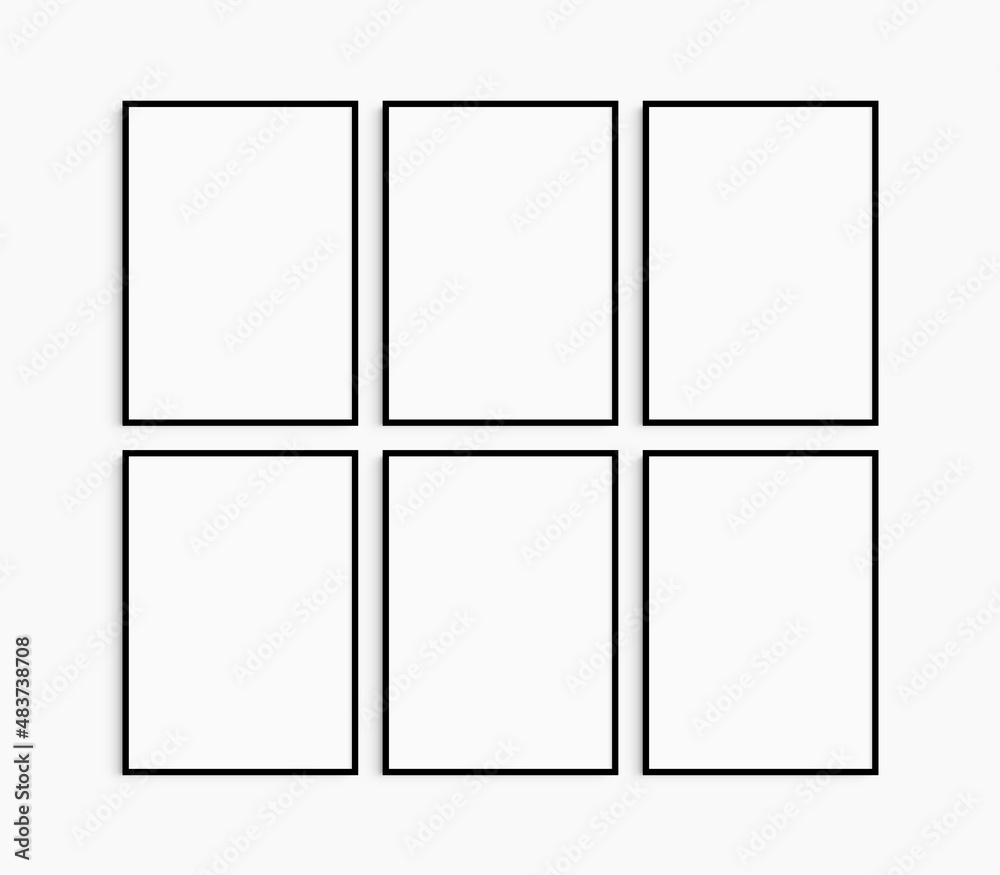 Frame mockup 5x7, 50x70, A4, A3, A2, A1. Set of six thin black frames