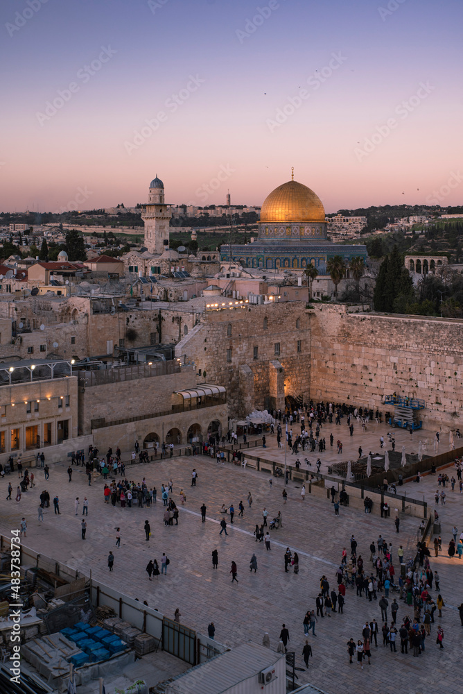 Fototapeta premium Jerusalem, the Old City of Israel at the Western Wall and the Dome of the Rock at sunset.