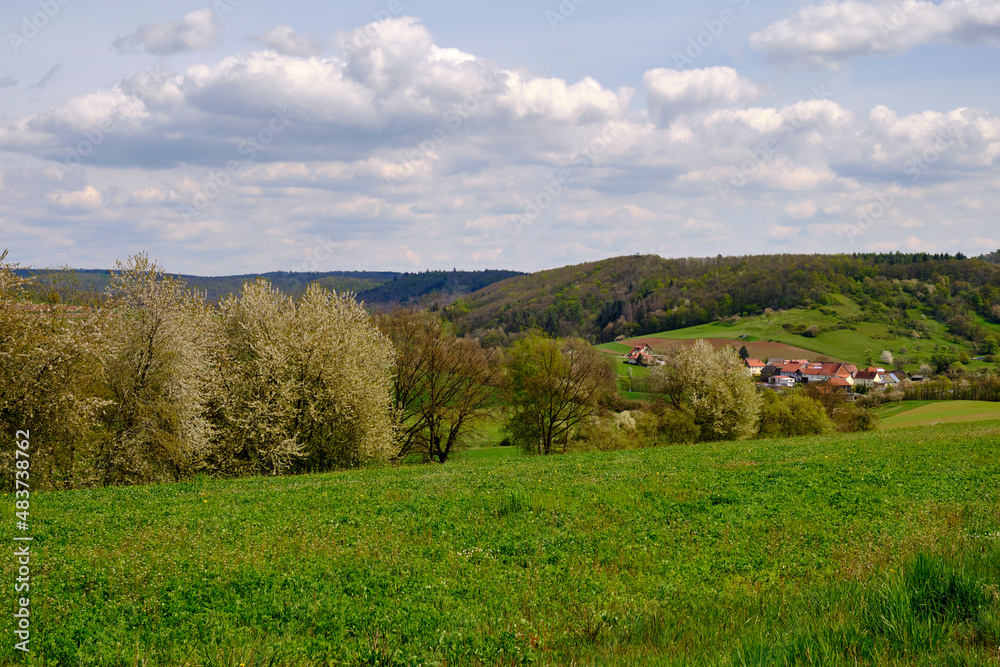 Fototapeta premium Landschaft im Naturschutzgebiet Hohe Wann bei Prappach, Stadtteil der Kreisstadt Haßfurt, Landkreis Hassberge, Unterfranken, Franken, Bayern, Deutschland