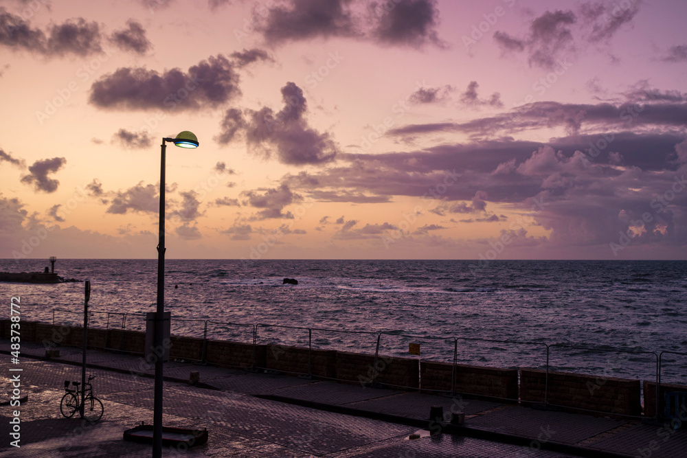 streetlight on the promenade at sunset ,copy space