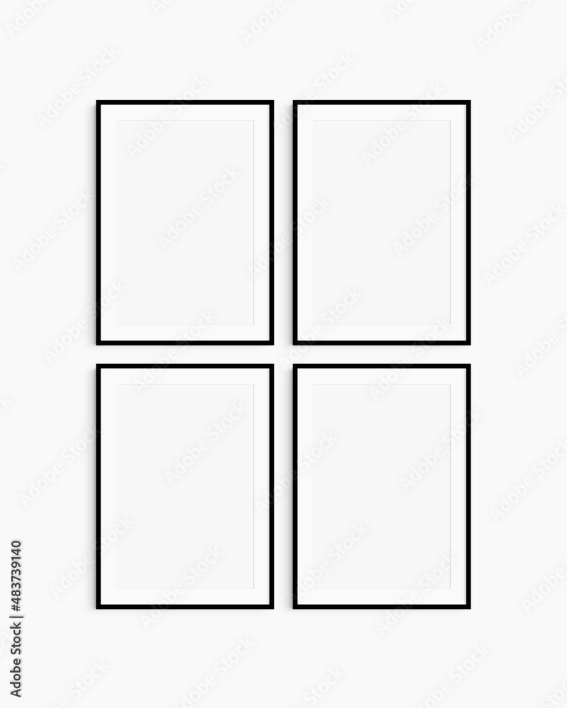 Frame mockup 5x7, 50x70, A4, A3, A2, A1. Set of four thin black frames. Gallery wall mockup, set of 4 frames. Clean, modern, minimalist, bright. Portrait. Vertical. Mat opening 2:3. Frame mockup 5x7, 50x70, A4, A3, A2, A1. Set of four thin black frames. Gallery wall mockup, set of 4 frames. Clean, modern, minimalist, bright. Portrait. Vertical. Mat opening 2:3.