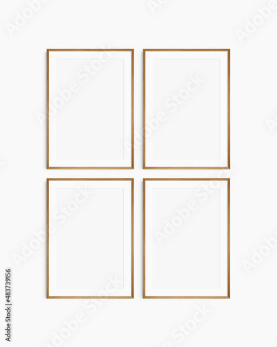Frame mockup 5x7, 50x70, A4, A3, A2, A1. Set of four thin cherry wood frames. Gallery wall mockup, set of 4 frames. Clean, modern, minimalist, bright. Portrait. Vertical. Mat opening 2:3.
