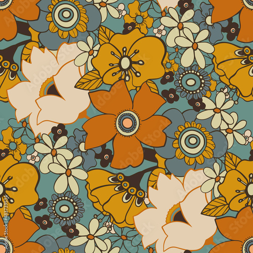 seamless pattern with bright flowers in the style of the 70s