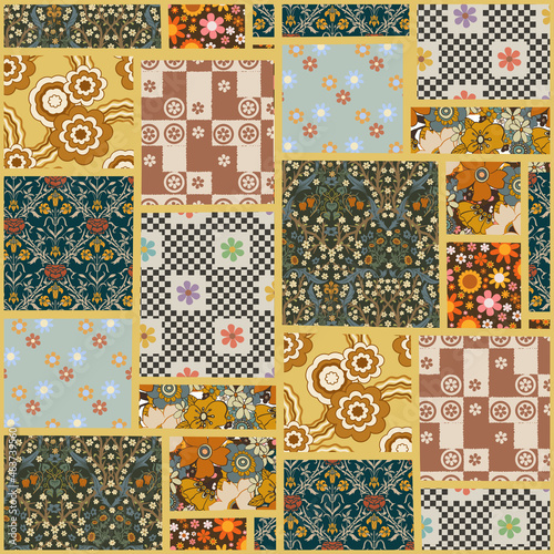 70s style quilt pattern with retro flowers