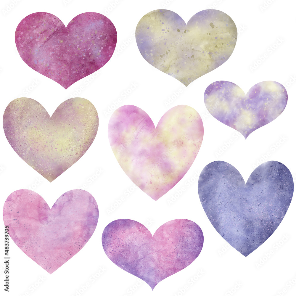 Beautiful watercolor hearts set isolated on white background. Lilac, purple, pink, blue, yellow. Valentines day, wedding, girl design.