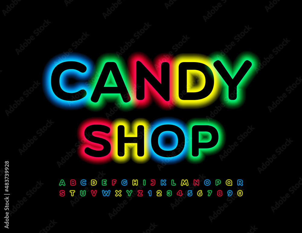 Vector bright Sign Candy Shop. Colorful Electric Font. Neon Alphabet Letters and Numbers 