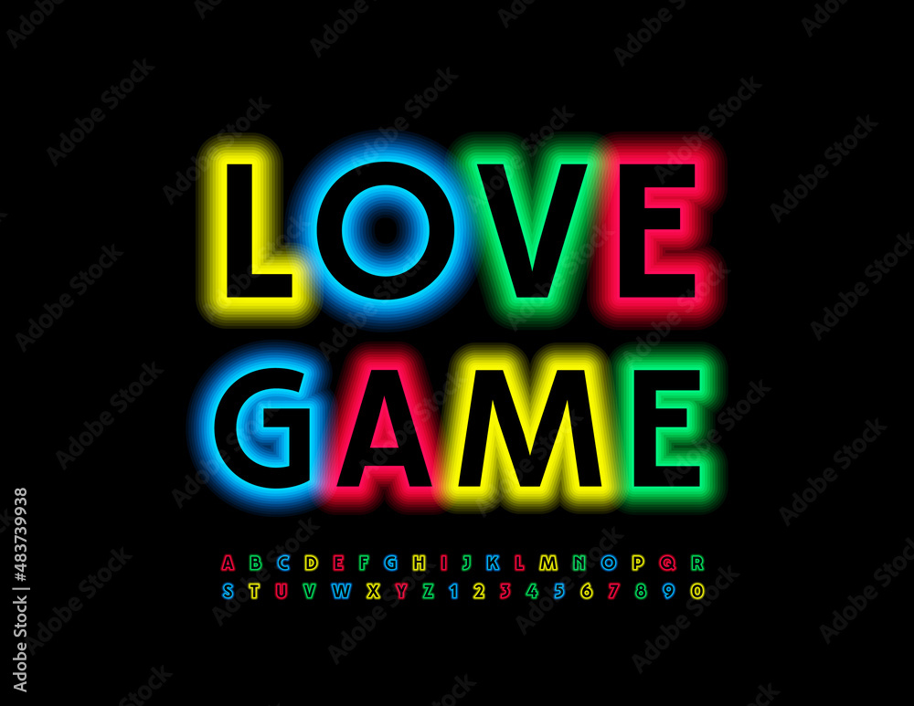 Vector bright poster Love Game with colorful neon Font. Illuminated Alphabet Letters and Numbers set