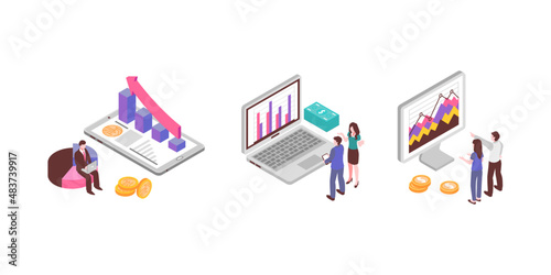 Business Analyst Set With Diagrams Charts Isometric Isolated