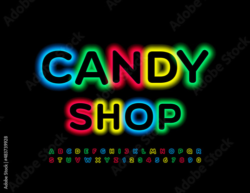 Vector bright Sign Candy Shop. Colorful Electric Font. Neon Alphabet Letters and Numbers 