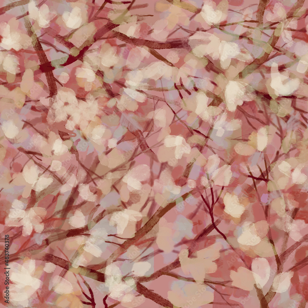 Blurred blooms Spring blooming  tree seamless pattern Feminine florals Womenswear print and pattern trend Floral Blur Limited color palette