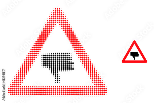 Thumb down warning halftone dotted icon. Thumb down warning vector icon mosaic is created with halftone array which contains circle points.