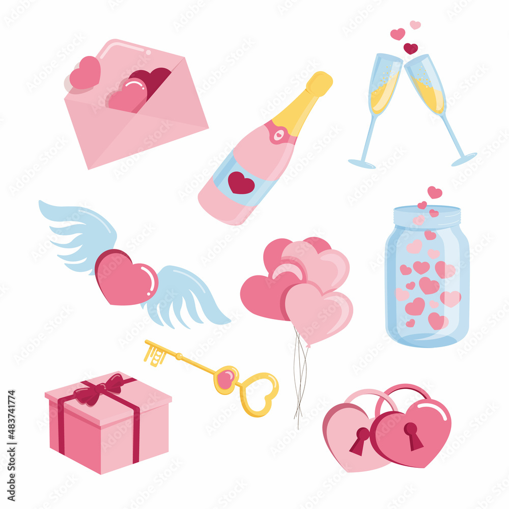 Set of hand drawn flat vector valentines day icons isolated on white background. Doodles for Valentine's Day. Hearts, balloons, castle, letter, champagne, glasses, key, gift. Set of hand drawn flat vector valentines day icons isolated on white background. Doodles for Valentine's Day. Hearts, balloons, castle, letter, champagne, glasses, key, gift.