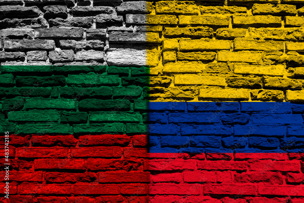Background with flag of Bulgaria and Colombia on a brick wall Background with flag of Bulgaria and Colombia on a brick wall
