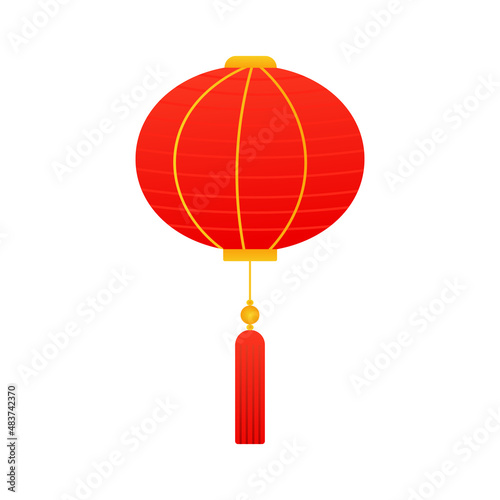 Chinese red lantern with gold stripes isolated on white background, lunar new year element in cartoon style