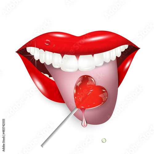 Obraz na plátně Sexy red lips on a transparent background, licking a heart shaped lollipop