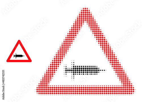 Vaccine warning halftone dotted icon. Vaccine warning vector icon mosaic is done with halftone pattern which contains circle points.