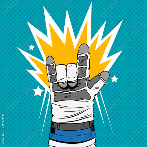 Astronaut hand shows rock sign, hand drawn vector illustration. Comics style