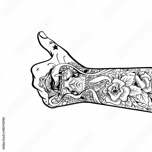 Tattooed hand shows like sign, hand drawn vector illustration