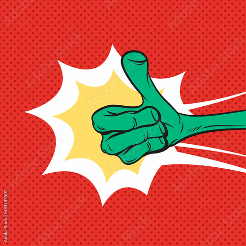 Alien hand shows like sign, hand drawn vector illustration. Comics style