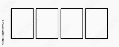 Frame mockup 5x7, 50x70, A4, A3, A2, A1. Set of four thin black frames. Gallery wall mockup, set of 4 frames. Clean, modern, minimalist, bright. Portrait. Vertical.