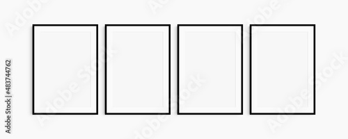 Frame mockup 5x7, 50x70, A4, A3, A2, A1. Set of four thin black frames. Gallery wall mockup, set of 4 frames. Clean, modern, minimalist, bright. Portrait. Vertical. Mat opening 2:3.