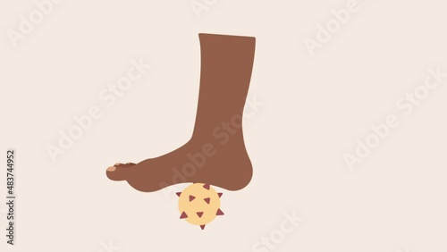 Deep tissue foot self-massage with spiky ball 2d animation. Massaging trigger point, myofascial release, pain relief, yoga