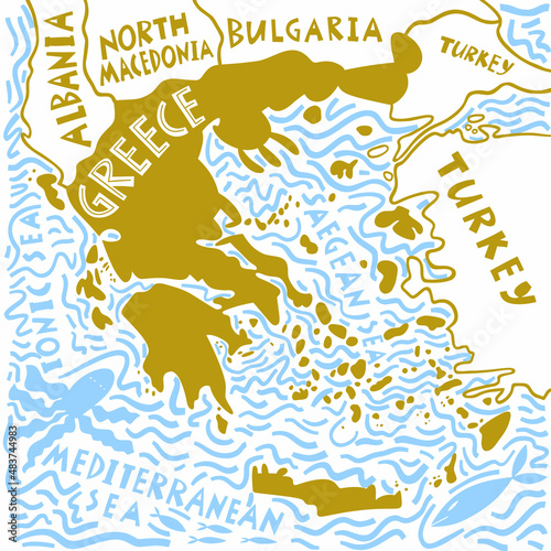 Vector hand drawn stylized map of Greece. Travel illustration. Hellenic Republic geography illustration. Europe map element