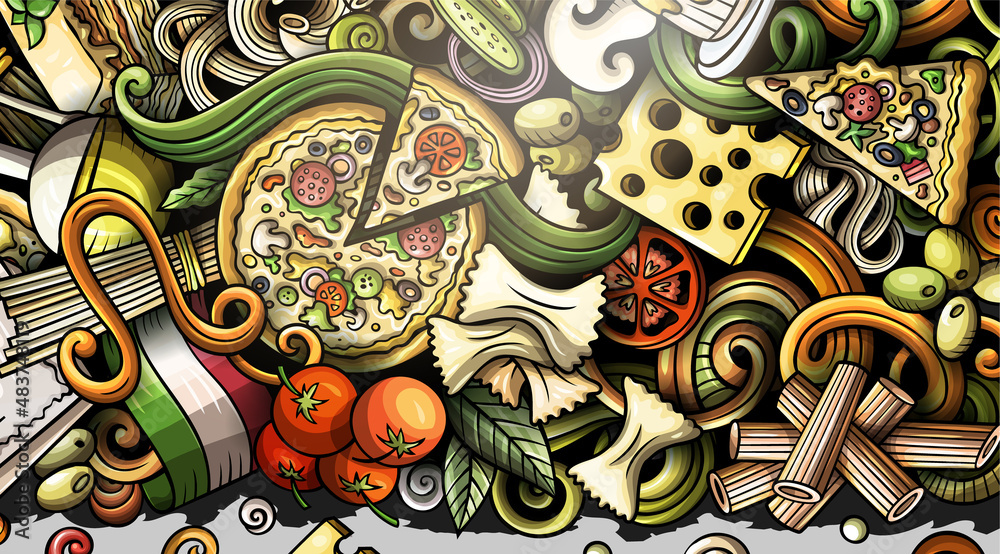 Italian food hand drawn doodle banner. Cartoon detailed flyer.