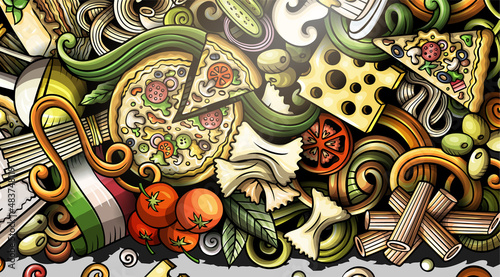 Italian food hand drawn doodle banner. Cartoon detailed flyer.