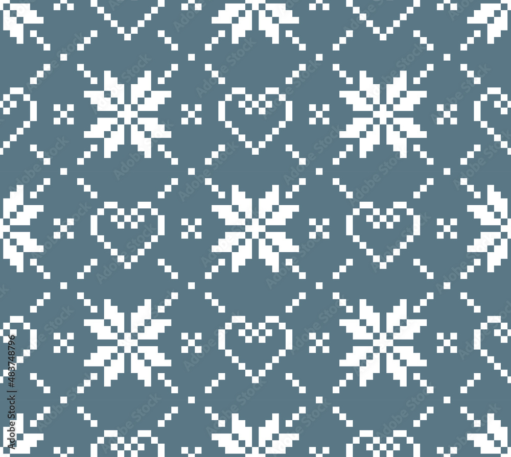 Scandinavian knitting seamless pattern design. Nordic star and heart pattern in white and blue. Scandinavian knitting seamless pattern design. Nordic star and heart pattern in white and blue.