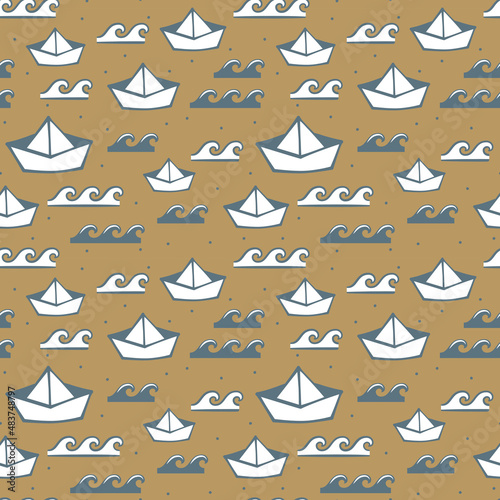Paper boat cute seamless pattern design. Kids vector print with sailboat origami.