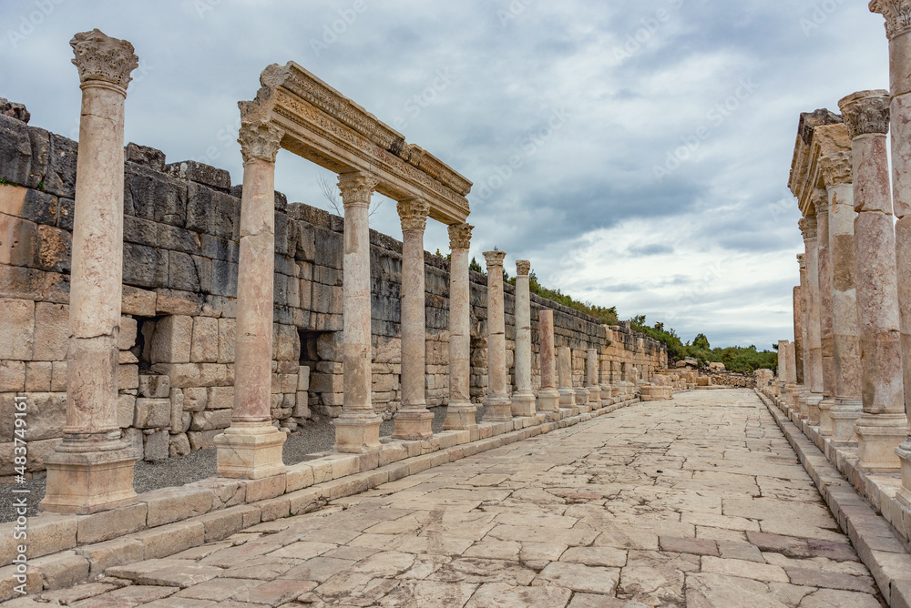 Attraction of the ancient city, agora is surrounded by huge columns. Kibyra Ancient City. Turkey