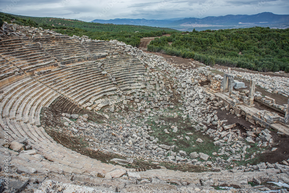 Ruined antique theater at archaeological site of ancient settlement of Kibyra on winter day, Turkey