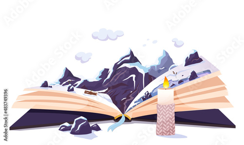 Open book, winter nature inside. Imagination, fantasy, magic in literature concept. Season fairy tale, storybook, textbook. Lake, forest landscape picture. Stone, candle on table. Vector illustration