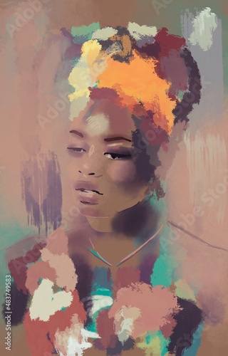 African American illustration for fashion banner. Trendy woman model background. Afro hair style girl Dhuku	
 photo