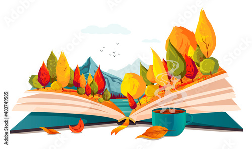 Open book, autumn nature inside. Imagination, fantasy, magic in literature concept. Season fairy tale, storybook, textbook. Lake, forest landscape picture. Leaves, cup of tea. Vector illustration