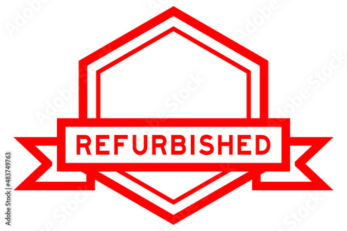 Vintage red color hexagon label banner with word refurbished on white background