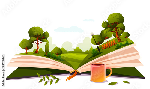 Open book, summer nature, bench, park inside. Imagination, fantasy, magic in literature concept. Season fairy tale, storybook, textbook. Forest landscape picture. Leaf, cup of tea. Vector illustration photo