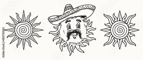 Monochrome set with sun in sombrero
