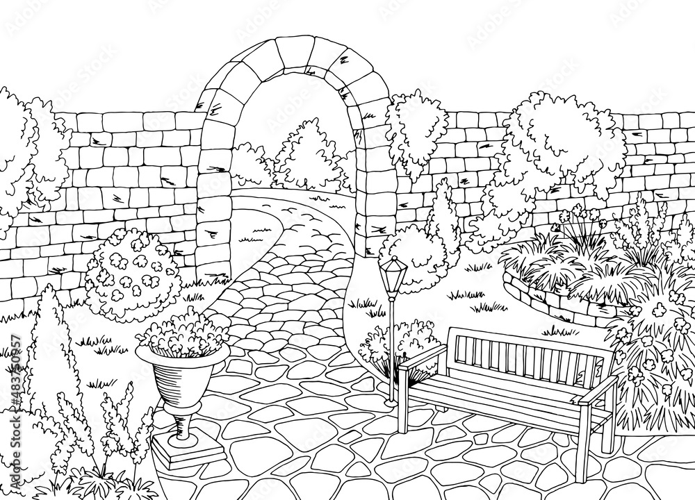 Garden graphic black white landscape sketch illustration vector Stock