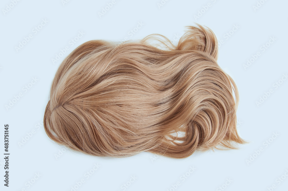 Women wig with a bangs blond. White background.