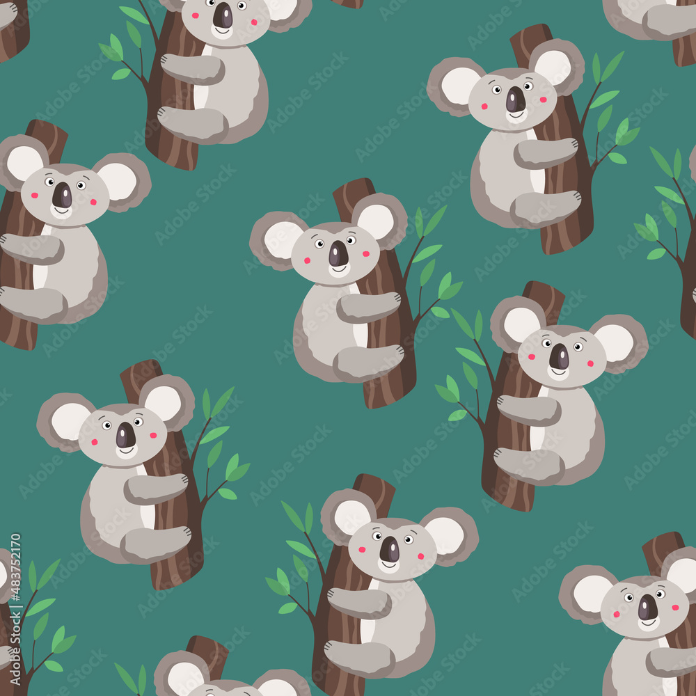 Obraz premium Seamless pattern with cute koala baby on color background. Funny australian animals. Card, postcards for kids. Flat vector illustration for fabric, textile, wallpaper, poster, paper