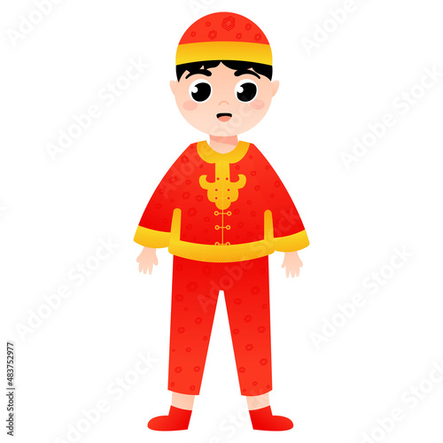 Cute boy in chinese national costume standing in cartoon style for lunar new year, decorative element for design isolated on white background