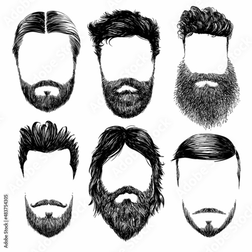 Fotografia, Obraz Hipster fashion man hair and beards, Hand drawn vector illustration set