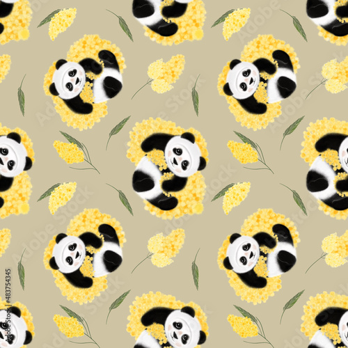 Fototapeta Naklejka Na Ścianę i Meble -  Pandas and flowers. Mimosa. Spring seamless pattern.  Botanical illustration. Animal print.