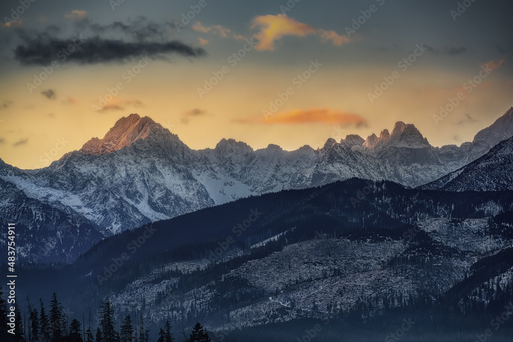 sunrise on Lomnicky stit peak from the Polish side of the Tatras