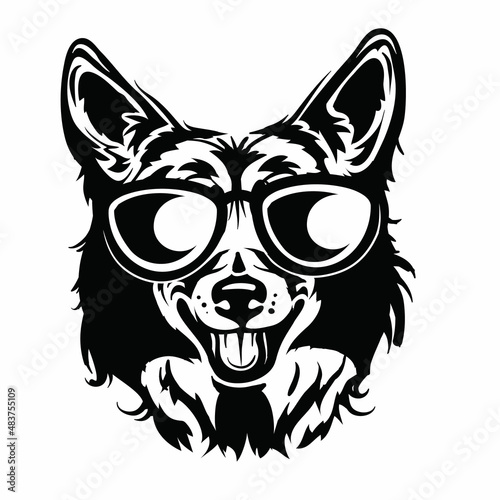 stylized corgi dog head in sunglasses in black color, isolated object on white background, vector illustration,