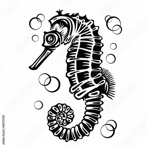 stylized stylized seahorse profile in black color, isolated object on white background, vector illustration,