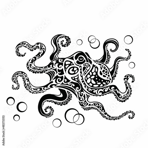 stylized octopus in black color, logo, isolated object on a white background, vector illustration,